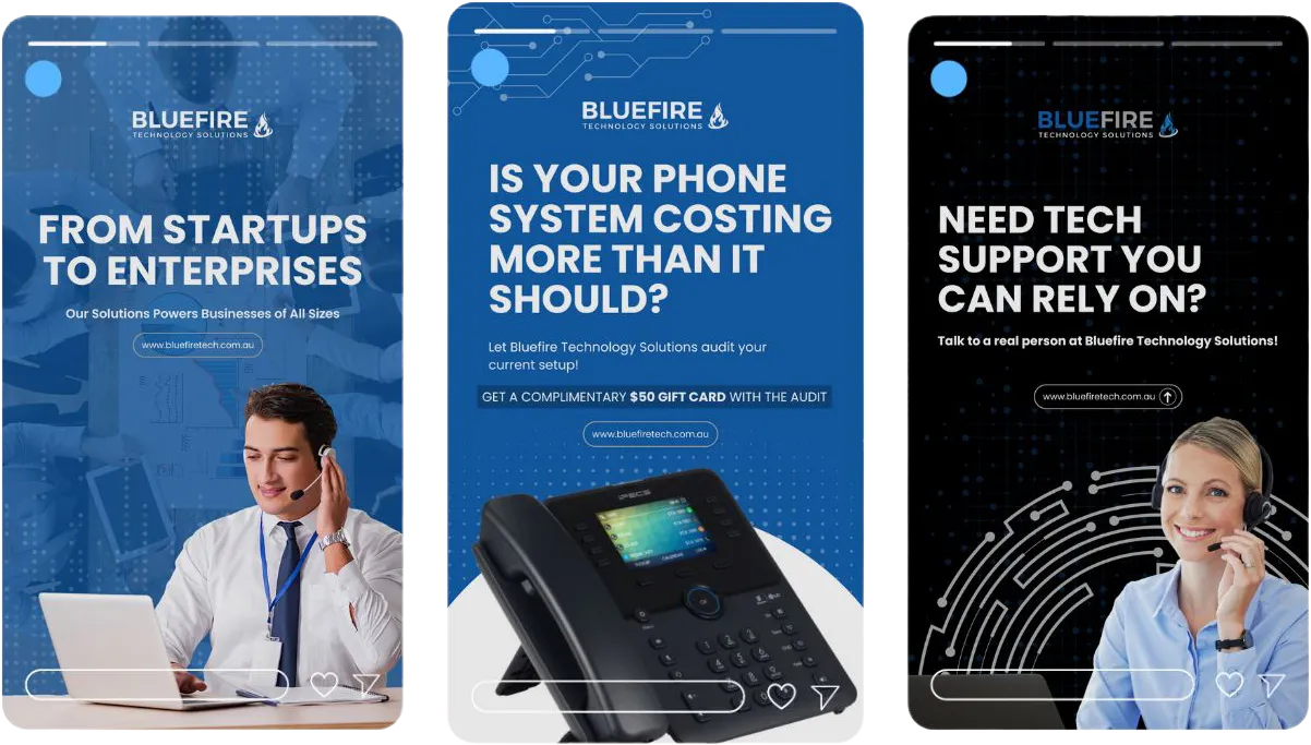 Three Instagram story ads for Bluefire Technology Solutions