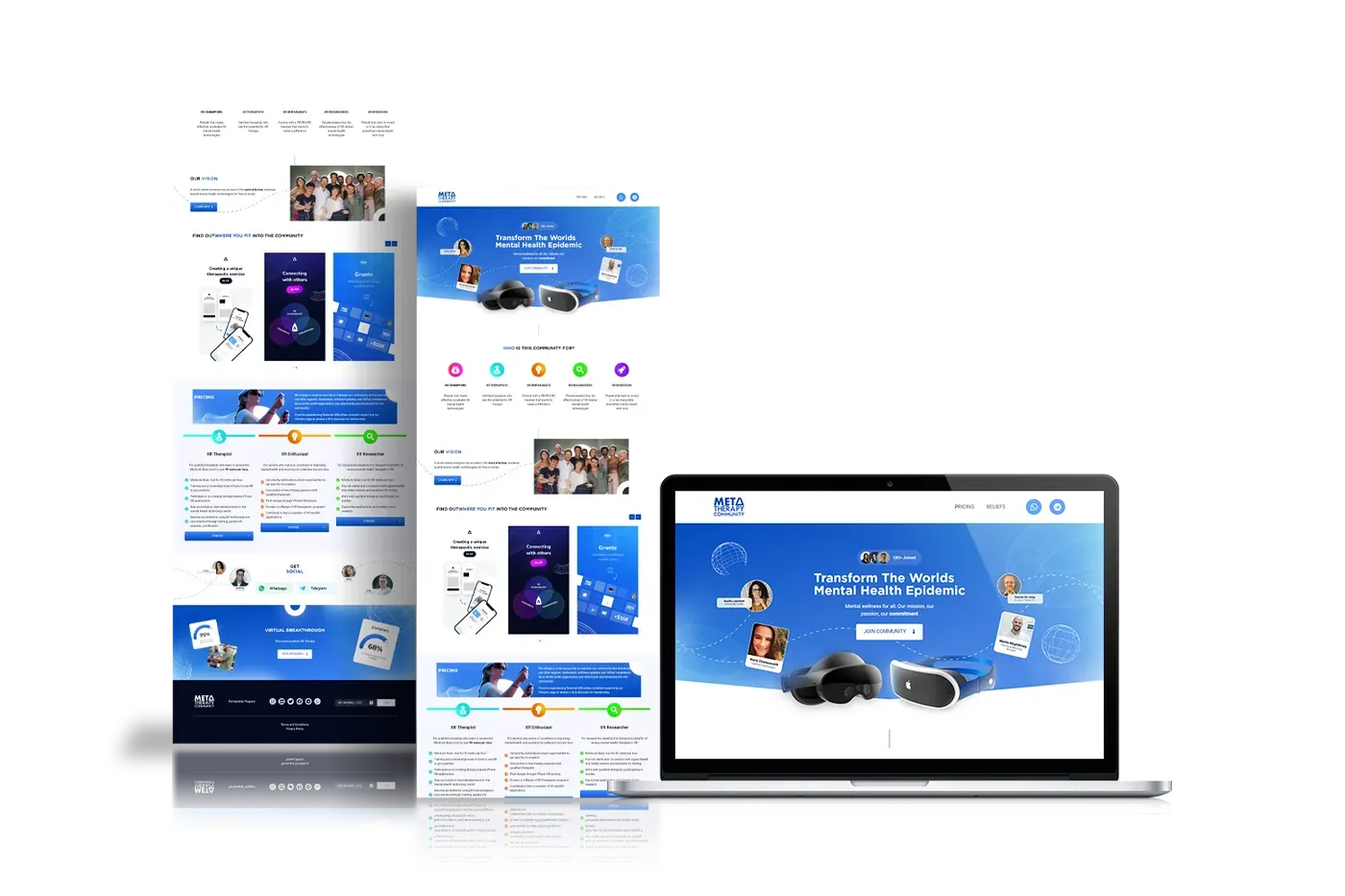 Meta Therapy Community website shown on desktop, tablet and phone